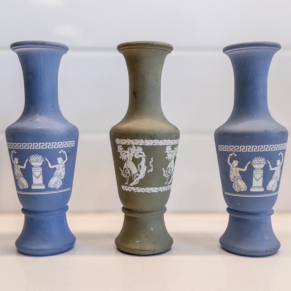 Set of 3 Vintage Roman Style Greek Motif Jasperware Wedgewood Style Vases, 5.75"